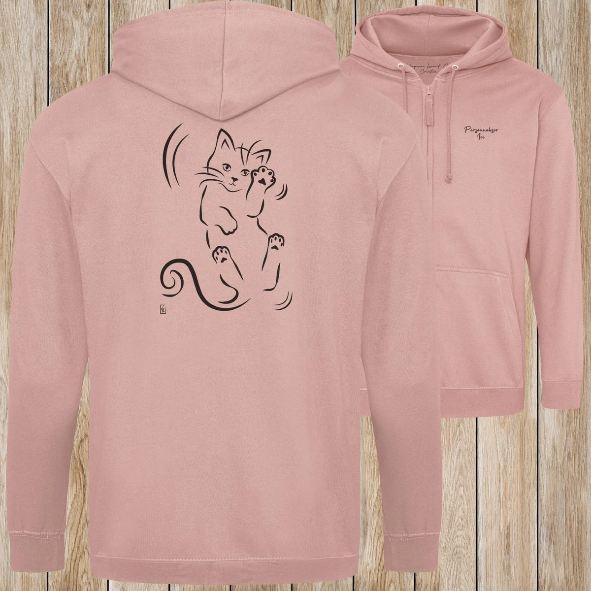 Graphisme Chat (Roulade sur le dos) sur une Veste zip Unisexe 280g - Dusty pink - Idéal Cadeau à personnaliser - Virginie Linard ©