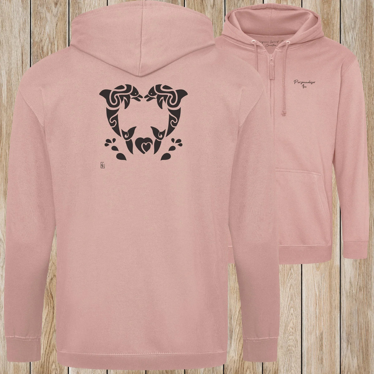 Graphisme Dauphin (Jumping tatoo coeur en couple) sur une Veste zip Unisexe 280g - Dusty pink - Idéal Cadeau à personnaliser - Virginie Linard ©
