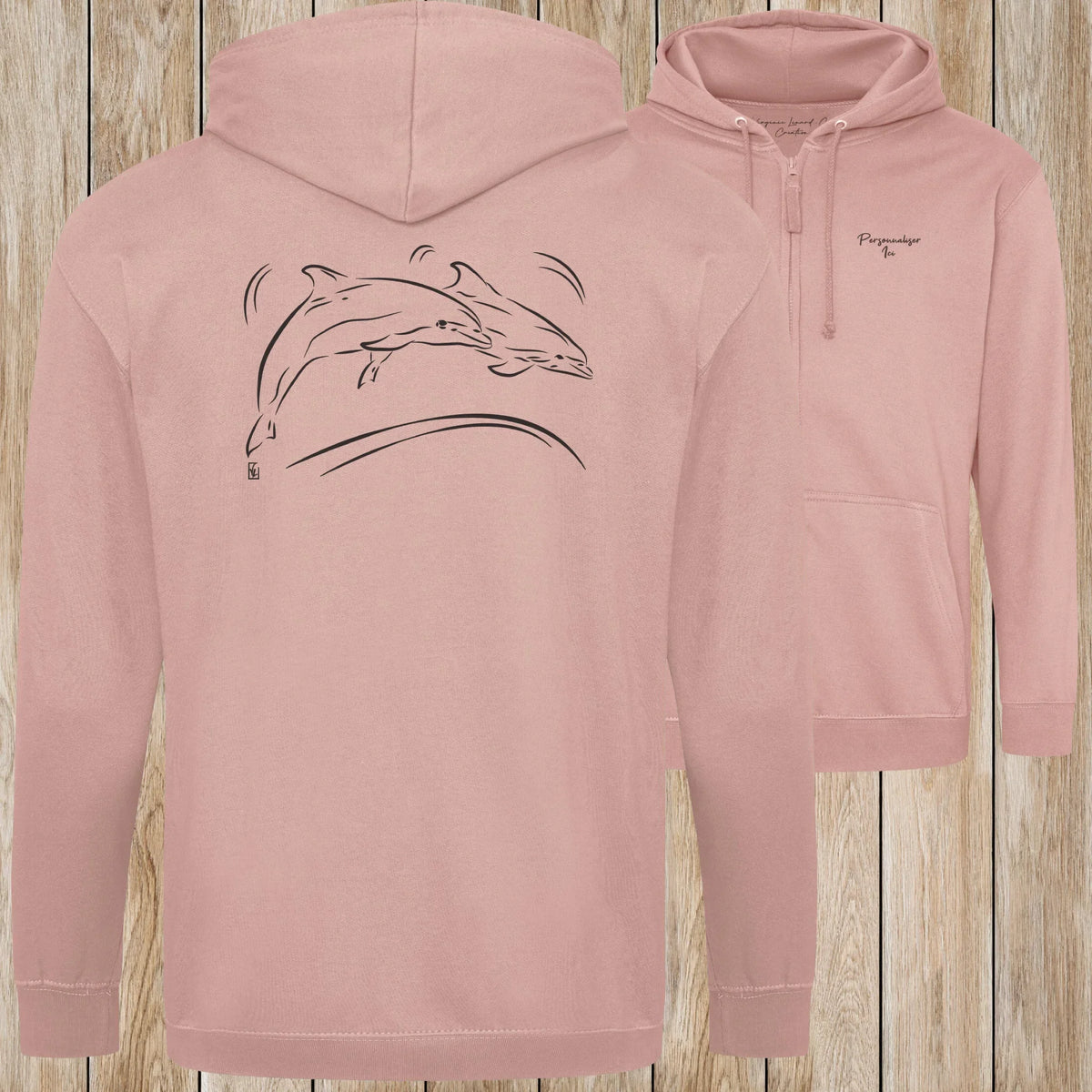 Graphisme Dauphin (Jumping en couple) sur une Veste zip Unisexe 280g - Dusty pink - Idéal Cadeau à personnaliser - Virginie Linard ©