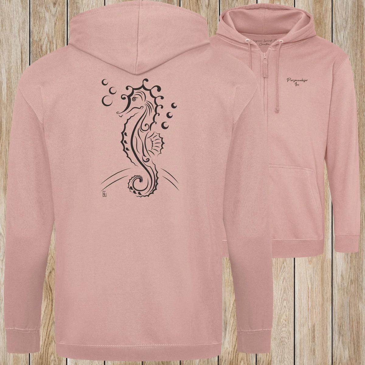 Graphisme hyppocampe (Les fonds marins) sur une Veste zip Unisexe 280g - Dusty pink - Idéal Cadeau à personnaliser - Virginie Linard ©
