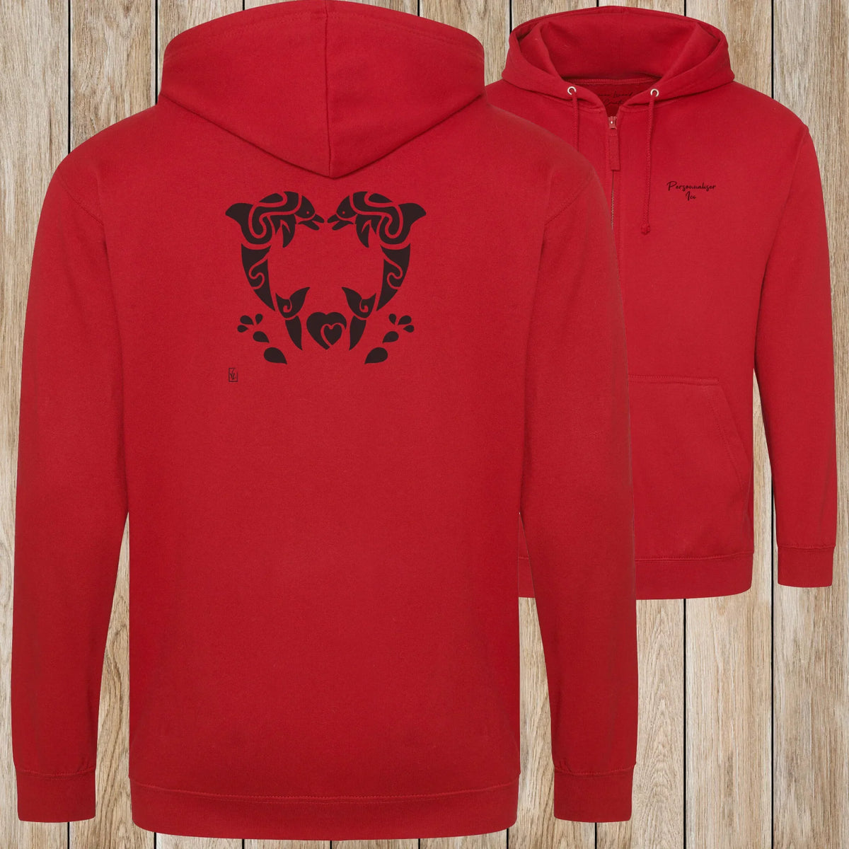 Graphisme Dauphin (Jumping tatoo coeur en couple) sur une Veste zip Unisexe 280g - Fire red - Idéal Cadeau à personnaliser - Virginie Linard ©