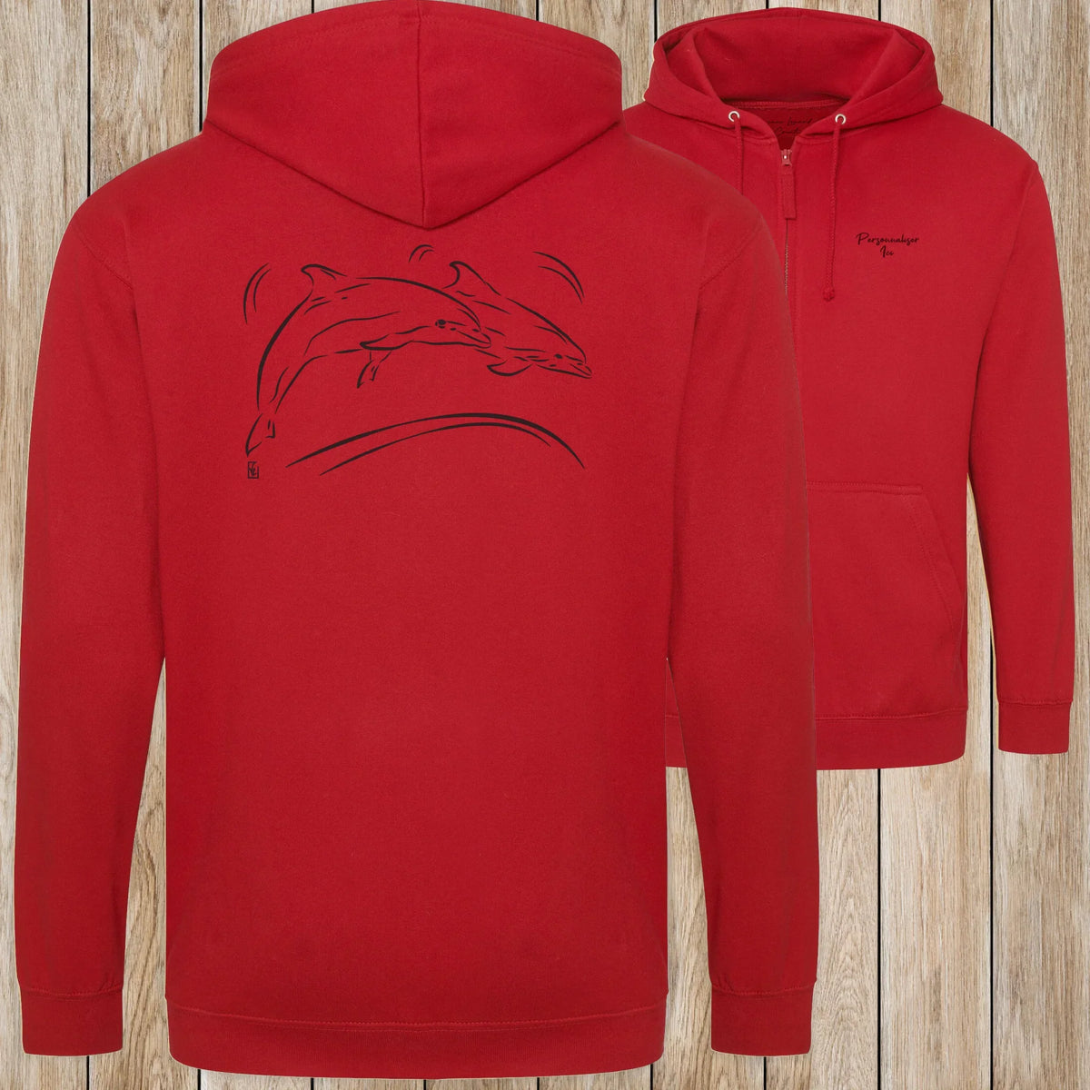 Graphisme Dauphin (Jumping en couple) sur une Veste zip Unisexe 280g - Fire red - Idéal Cadeau à personnaliser - Virginie Linard ©