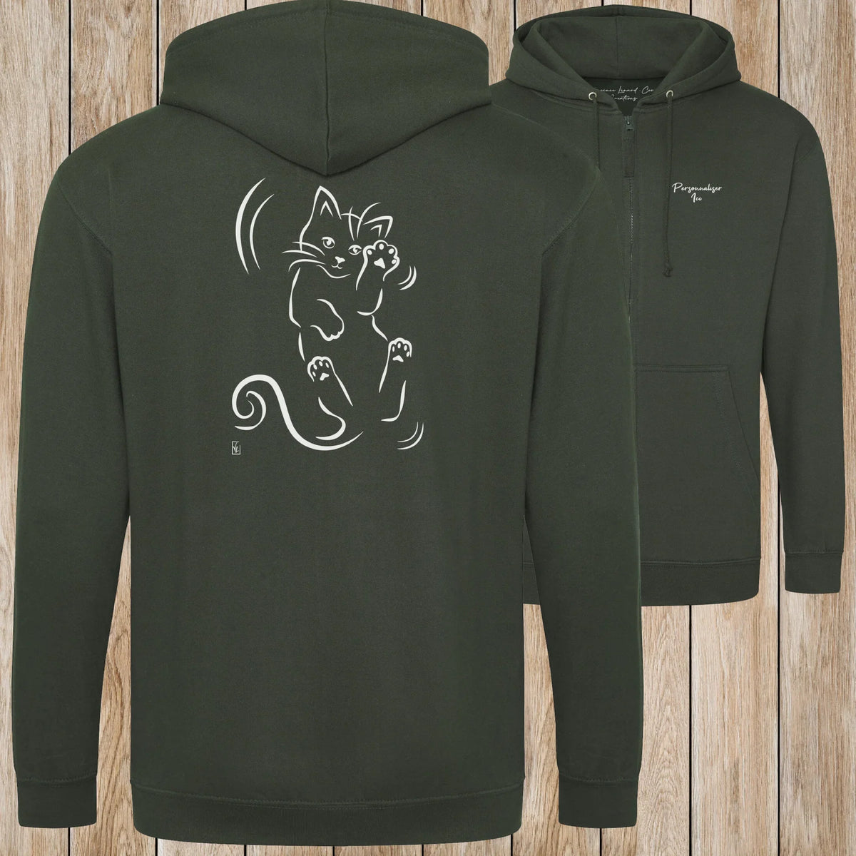 Graphisme Chat (Roulade sur le dos) sur une Veste zip Unisexe 280g - Forest Green - Idéal Cadeau à personnaliser - Virginie Linard ©