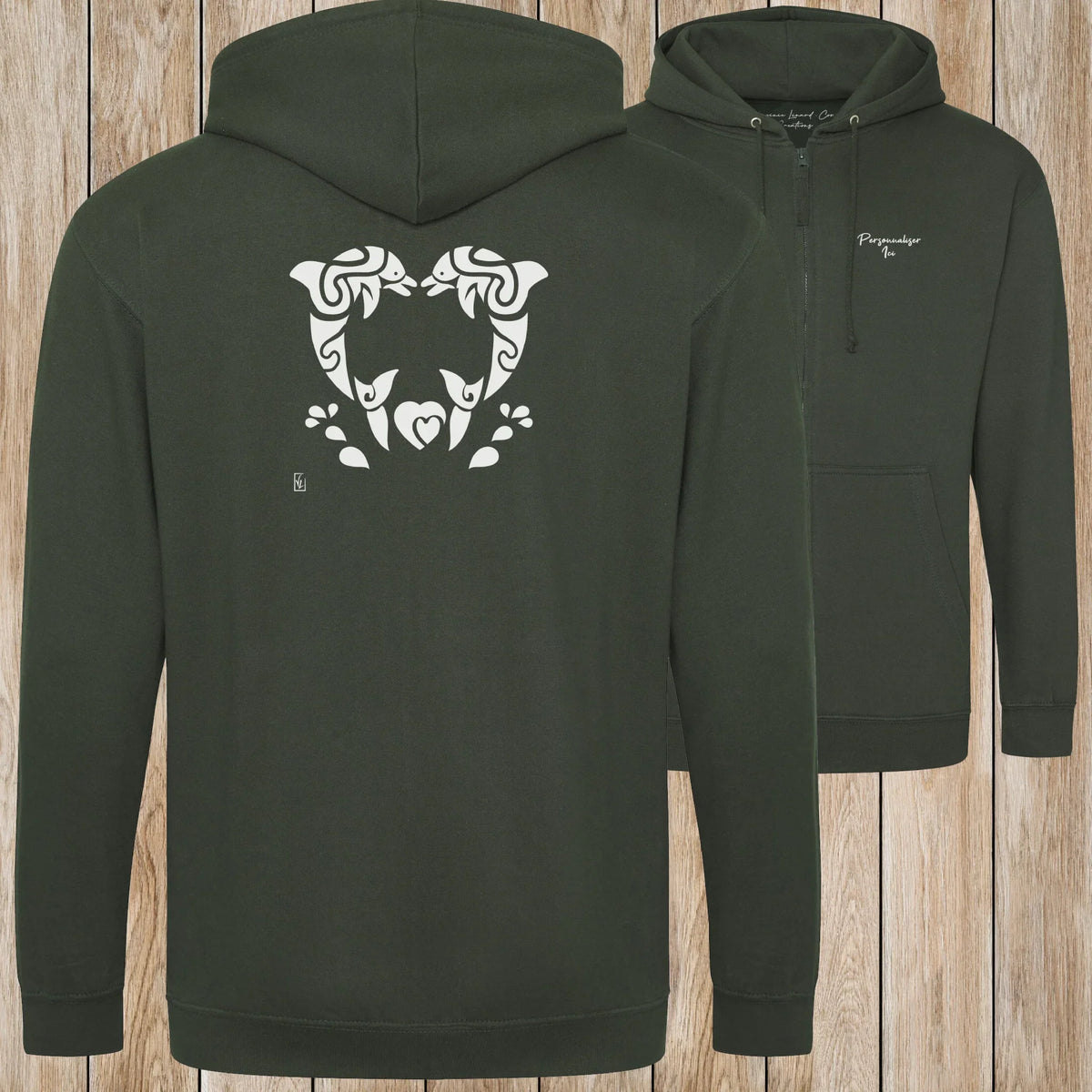 Graphisme Dauphin (Jumping tatoo coeur en couple) sur une Veste zip Unisexe 280g - Forest Green - Idéal Cadeau à personnaliser - Virginie Linard ©