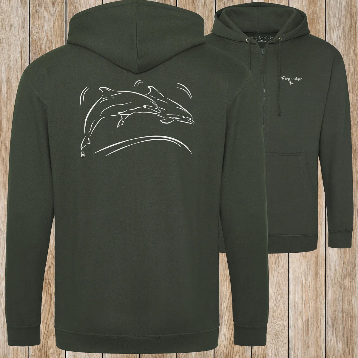 Graphisme Dauphin (Jumping en couple) sur une Veste zip Unisexe 280g - Forest Green - Idéal Cadeau à personnaliser - Virginie Linard ©