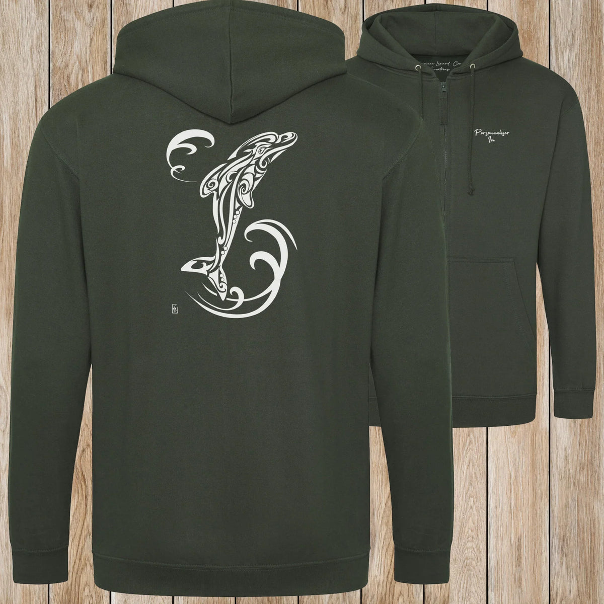 Graphisme Dauphin (Tatoo Jump solo) sur une Veste zip Unisexe 280g - Forest Green - Idéal Cadeau à personnaliser - Virginie Linard ©