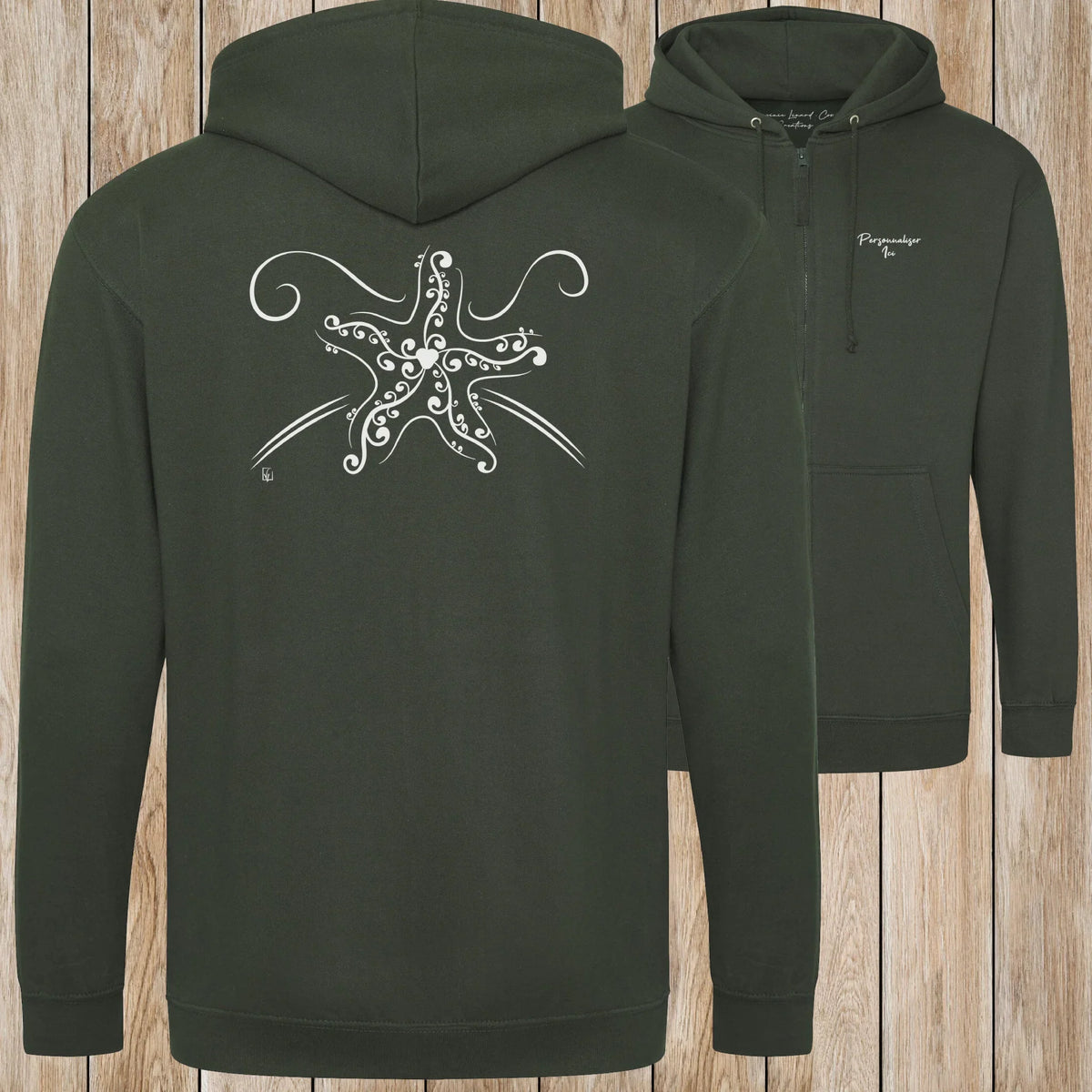 Graphisme Etoile de mer (Tatoo) sur une Veste zip Unisexe 280g - Forest Green - Idéal Cadeau à personnaliser - Virginie Linard ©