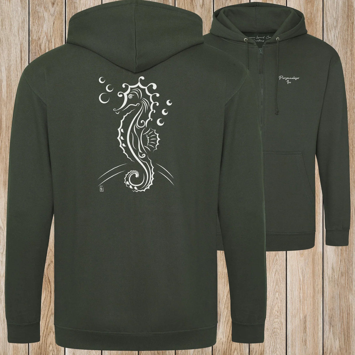 Graphisme hyppocampe (Les fonds marins) sur une Veste zip Unisexe 280g - Forest Green - Idéal Cadeau à personnaliser - Virginie Linard ©