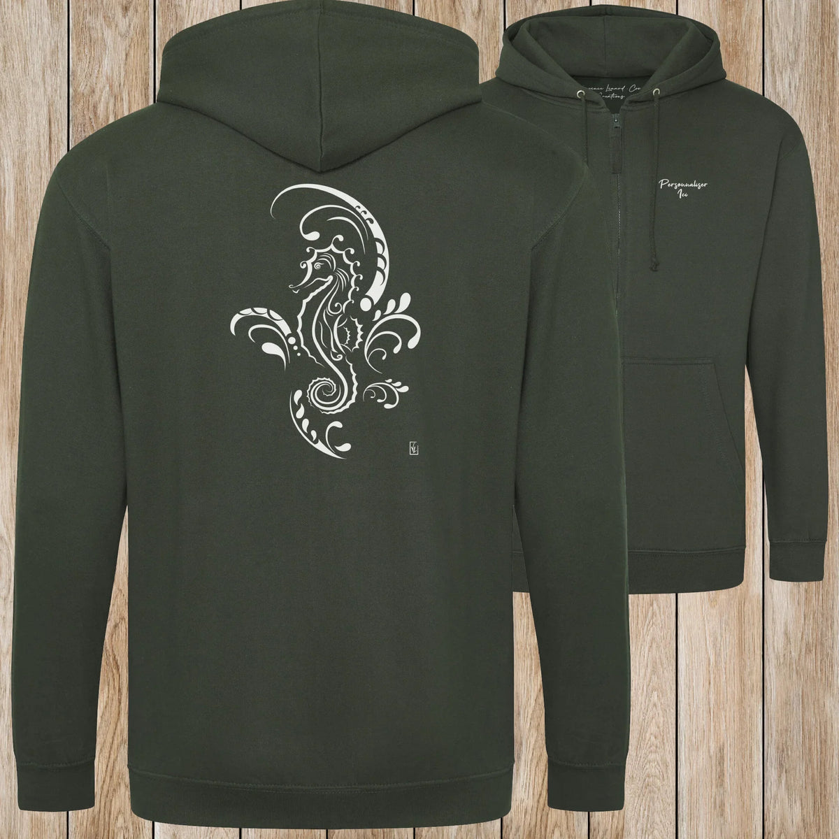 Graphisme hyppocampe (Tatoo) sur une Veste zip Unisexe 280g - Forest Green - Idéal Cadeau à personnaliser - Virginie Linard ©
