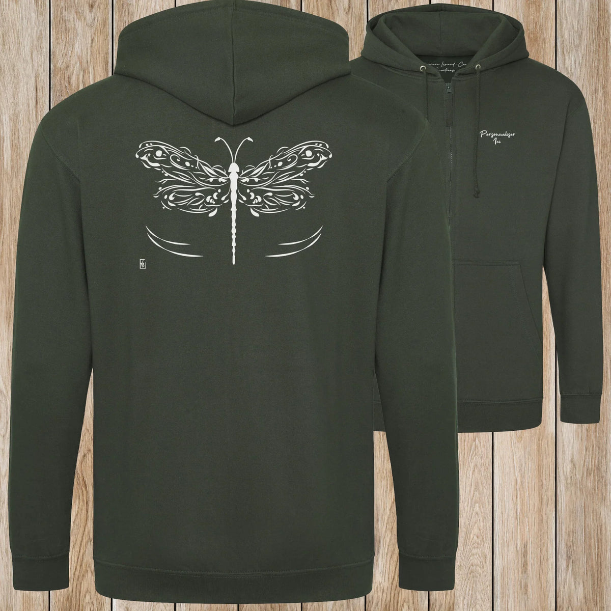Graphisme Libellule (les ailes déployées) sur une Veste zip Unisexe 280g - Forest Green - Idéal Cadeau à personnaliser - Virginie Linard ©