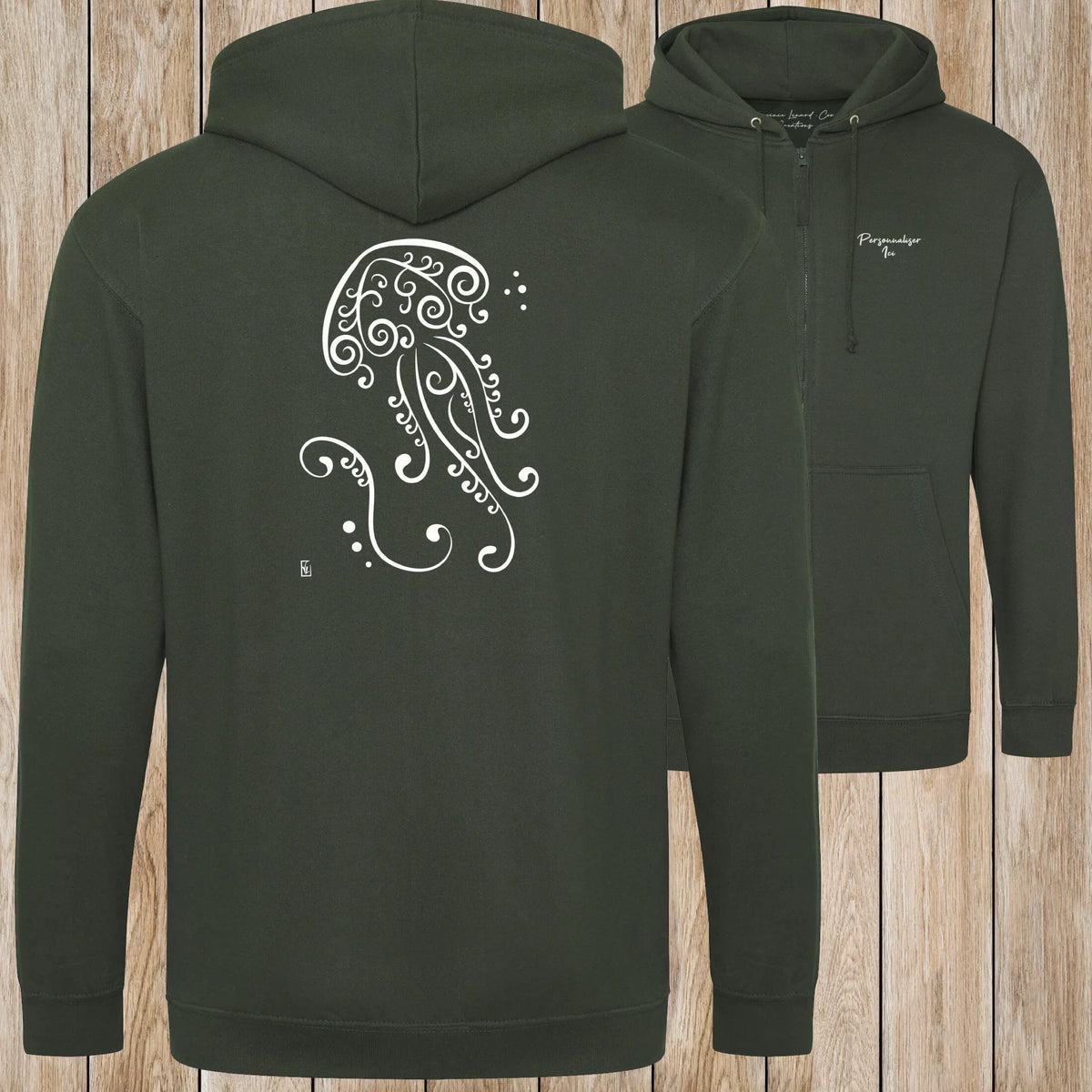Graphisme Méduse (Fonds marins) sur une Veste zip Unisexe 280g - Forest Green - Idéal Cadeau à personnaliser - Virginie Linard ©
