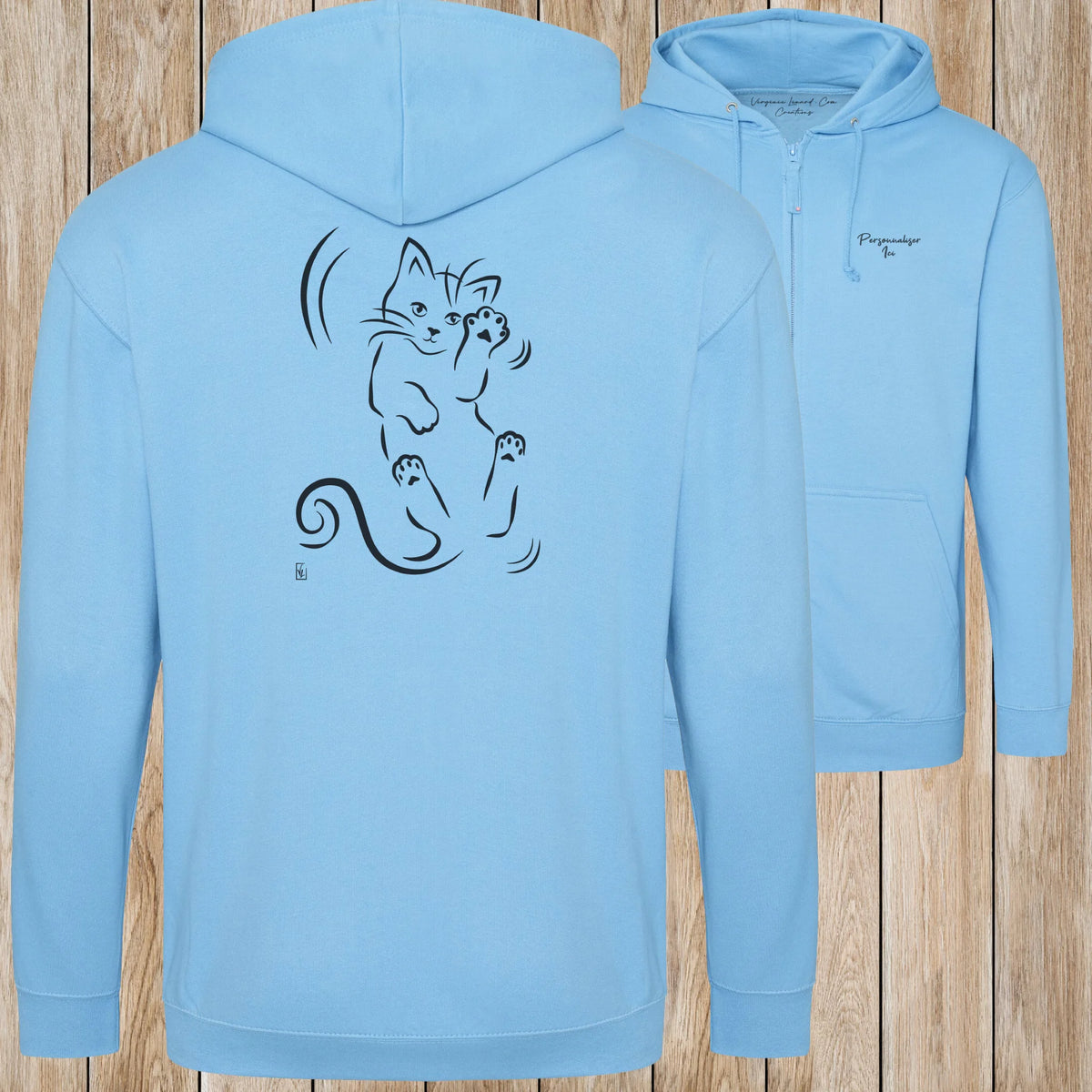 Graphisme Chat (Roulade sur le dos) sur une Veste zip Unisexe 280g - Hawaiian Blue - Idéal Cadeau à personnaliser - Virginie Linard ©