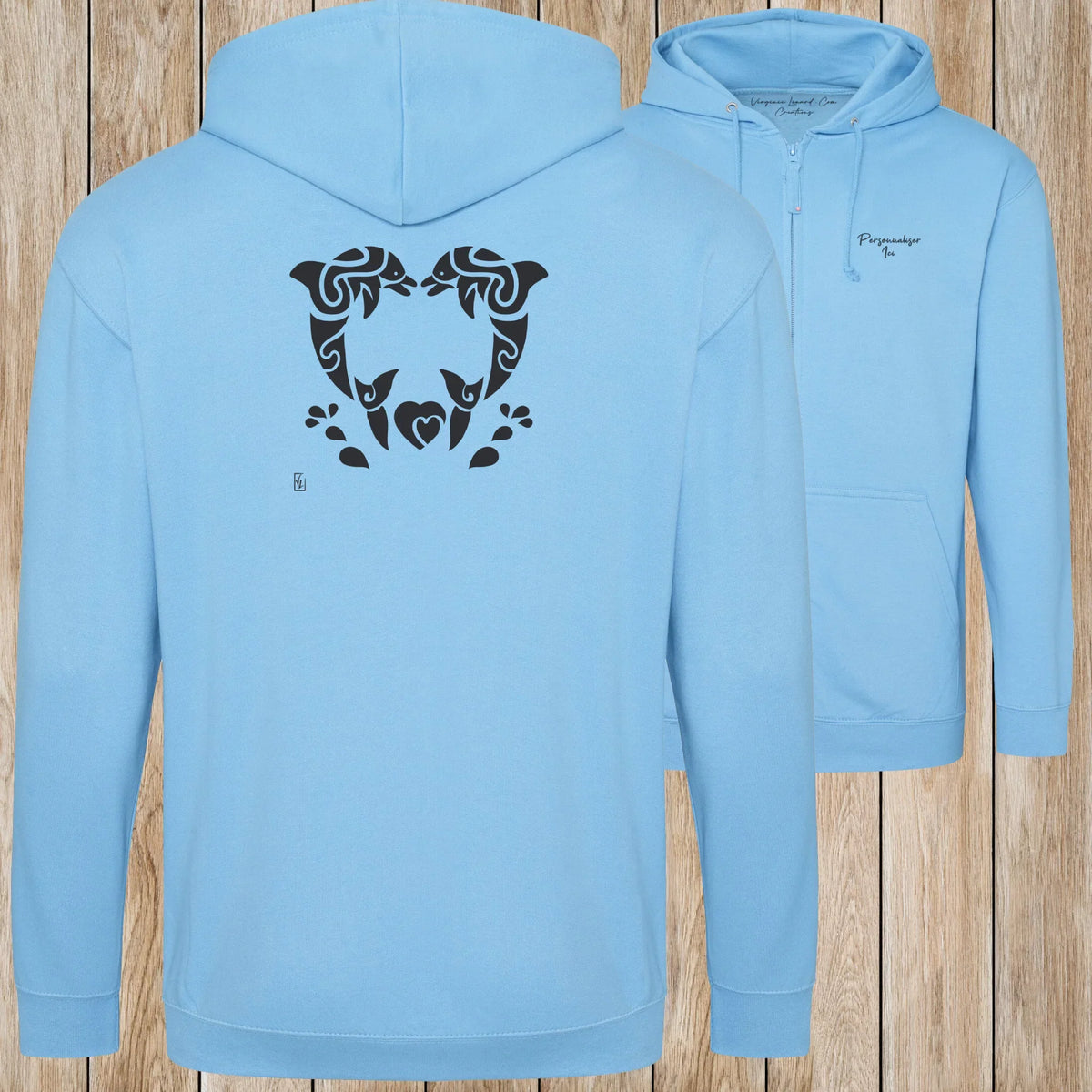 Graphisme Dauphin (Jumping tatoo coeur en couple) sur une Veste zip Unisexe 280g - Hawaiian Blue - Idéal Cadeau à personnaliser - Virginie Linard ©