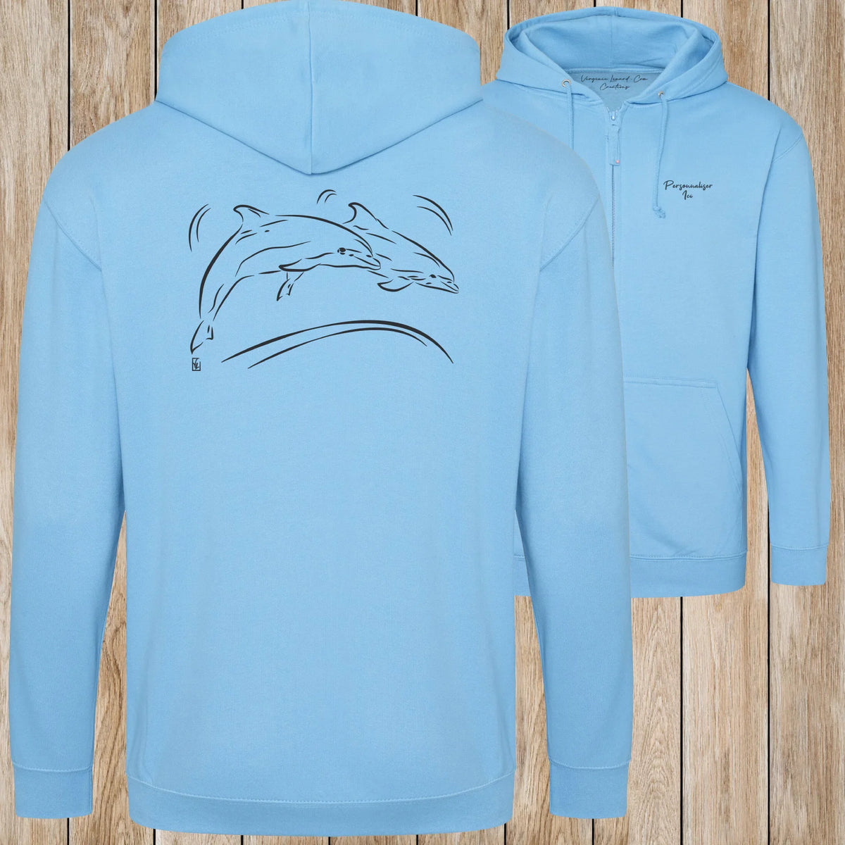 Graphisme Dauphin (Jumping en couple) sur une Veste zip Unisexe 280g - Hawaiian Blue - Idéal Cadeau à personnaliser - Virginie Linard ©