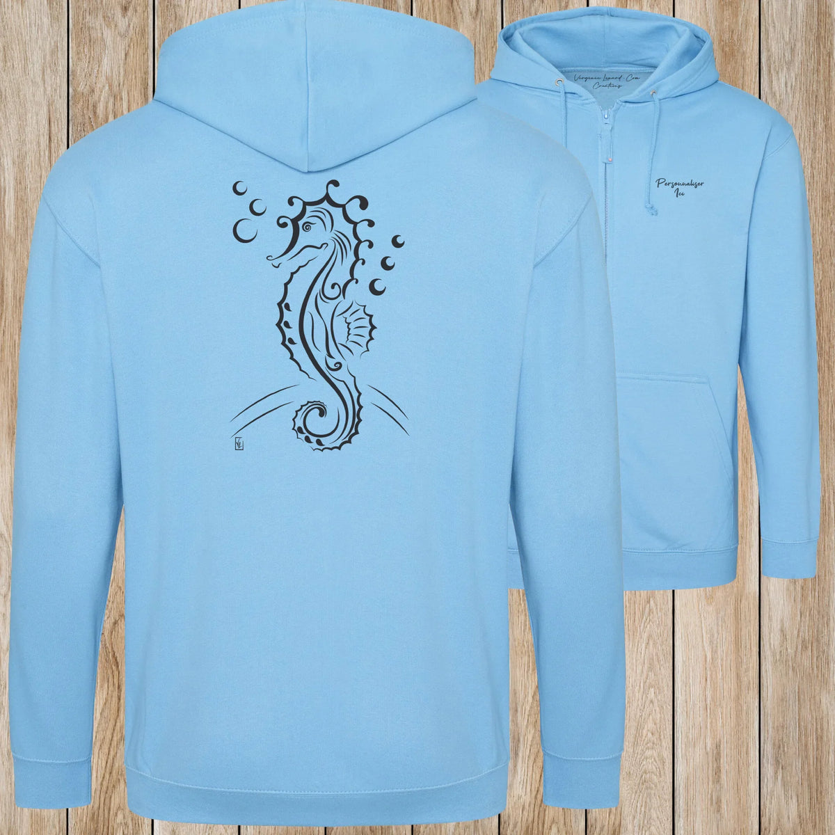 Graphisme hyppocampe (Les fonds marins) sur une Veste zip Unisexe 280g - Hawaiian Blue - Idéal Cadeau à personnaliser - Virginie Linard ©