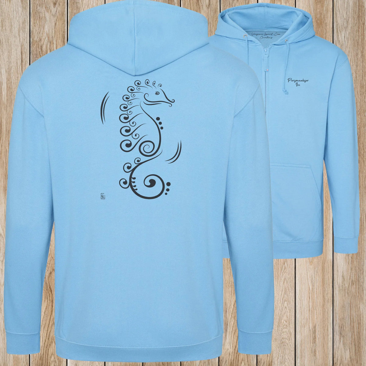 Graphisme hyppocampe (La vie cachée) sur une Veste zip Unisexe 280g - Hawaiian Blue - Idéal Cadeau à personnaliser - Virginie Linard ©