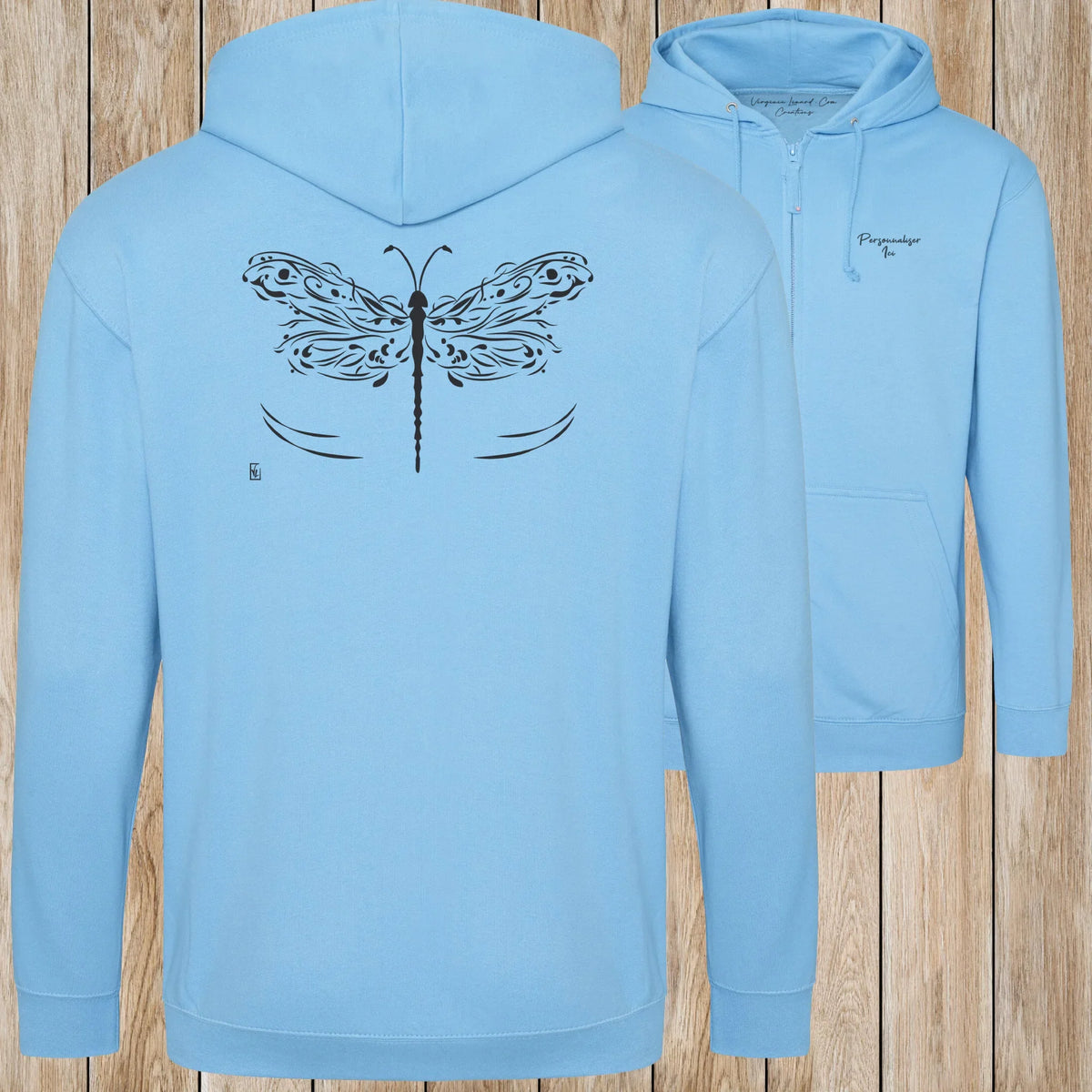 Graphisme Libellule (les ailes déployées) sur une Veste zip Unisexe 280g - Hawaiian Blue - Idéal Cadeau à personnaliser - Virginie Linard ©