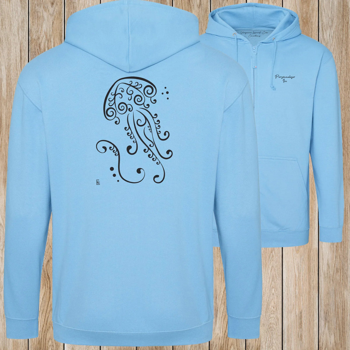 Graphisme Méduse (Fonds marins) sur une Veste zip Unisexe 280g - Hawaiian Blue - Idéal Cadeau à personnaliser - Virginie Linard ©