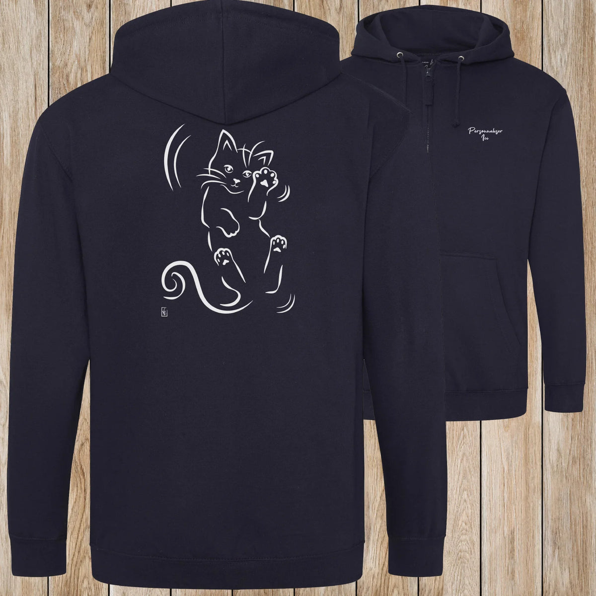 Graphisme Chat (Roulade sur le dos) sur une Veste zip Unisexe 280g - New French Navy - Idéal Cadeau à personnaliser - Virginie Linard ©
