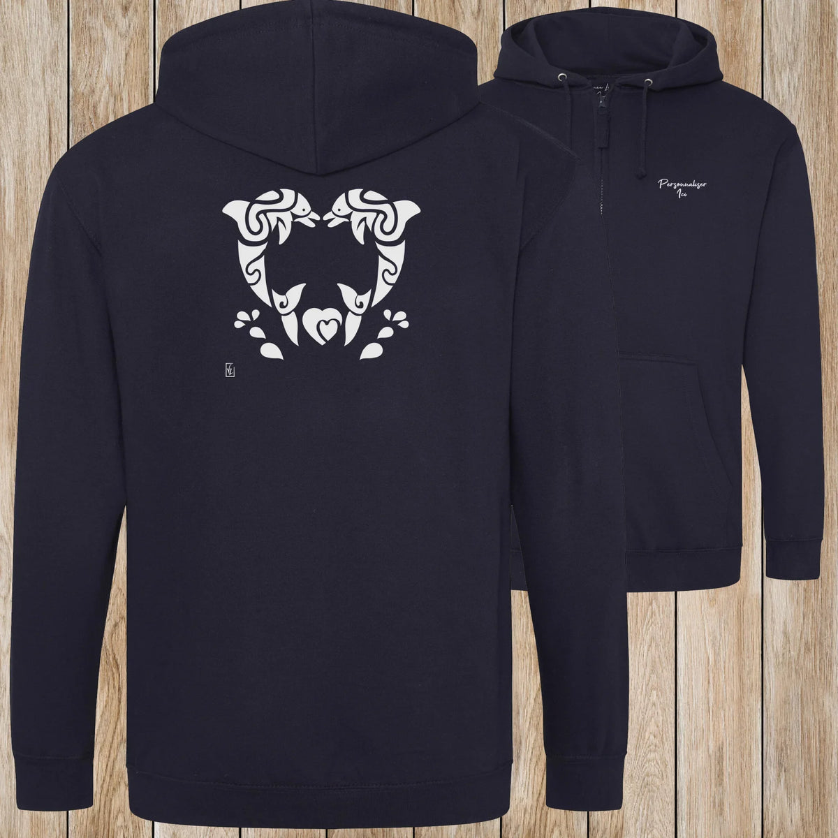 Graphisme Dauphin (Jumping tatoo coeur en couple) sur une Veste zip Unisexe 280g - New French Navy - Idéal Cadeau à personnaliser - Virginie Linard ©