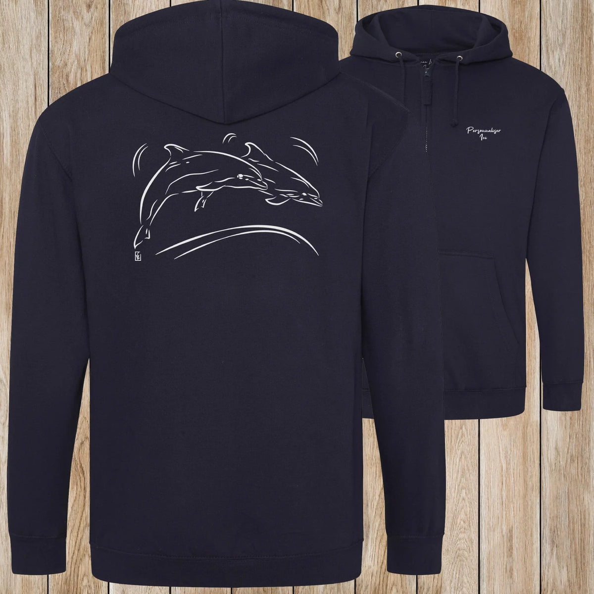 Graphisme Dauphin (Jumping en couple) sur une Veste zip Unisexe 280g - New French Navy - Idéal Cadeau à personnaliser - Virginie Linard ©