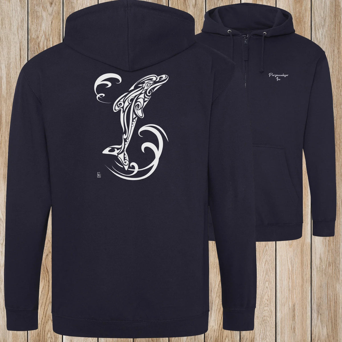 Graphisme Dauphin (Tatoo Jump solo) sur une Veste zip Unisexe 280g - New French Navy - Idéal Cadeau à personnaliser - Virginie Linard ©