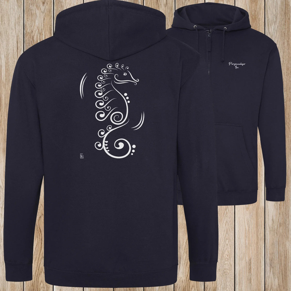 Graphisme hyppocampe (La vie cachée) sur une Veste zip Unisexe 280g - New French Navy - Idéal Cadeau à personnaliser - Virginie Linard ©
