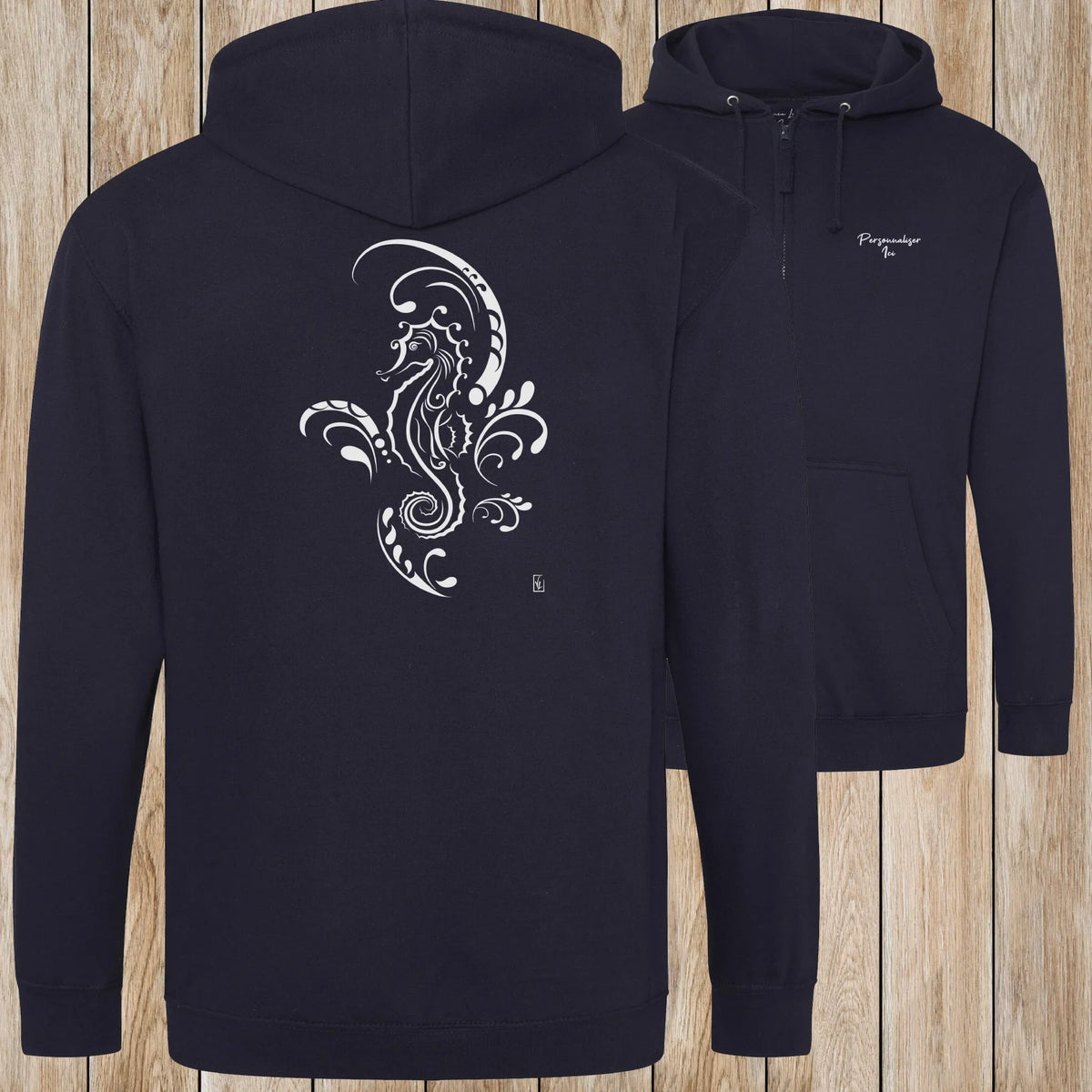 Graphisme hyppocampe (Tatoo) sur une Veste zip Unisexe 280g - New French Navy - Idéal Cadeau à personnaliser - Virginie Linard ©