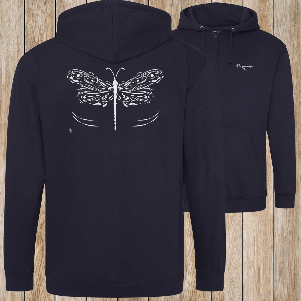 Graphisme Libellule (les ailes déployées) sur une Veste zip Unisexe 280g - New French Navy - Idéal Cadeau à personnaliser - Virginie Linard ©