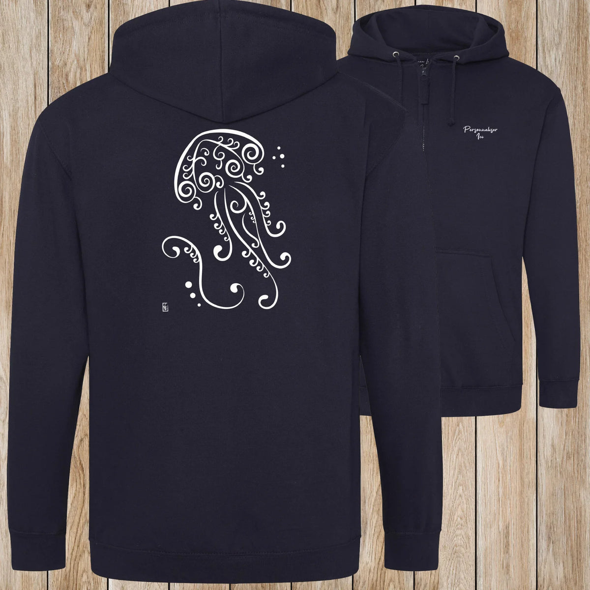Graphisme Méduse (Fonds marins) sur une Veste zip Unisexe 280g - New French Navy - Idéal Cadeau à personnaliser - Virginie Linard ©