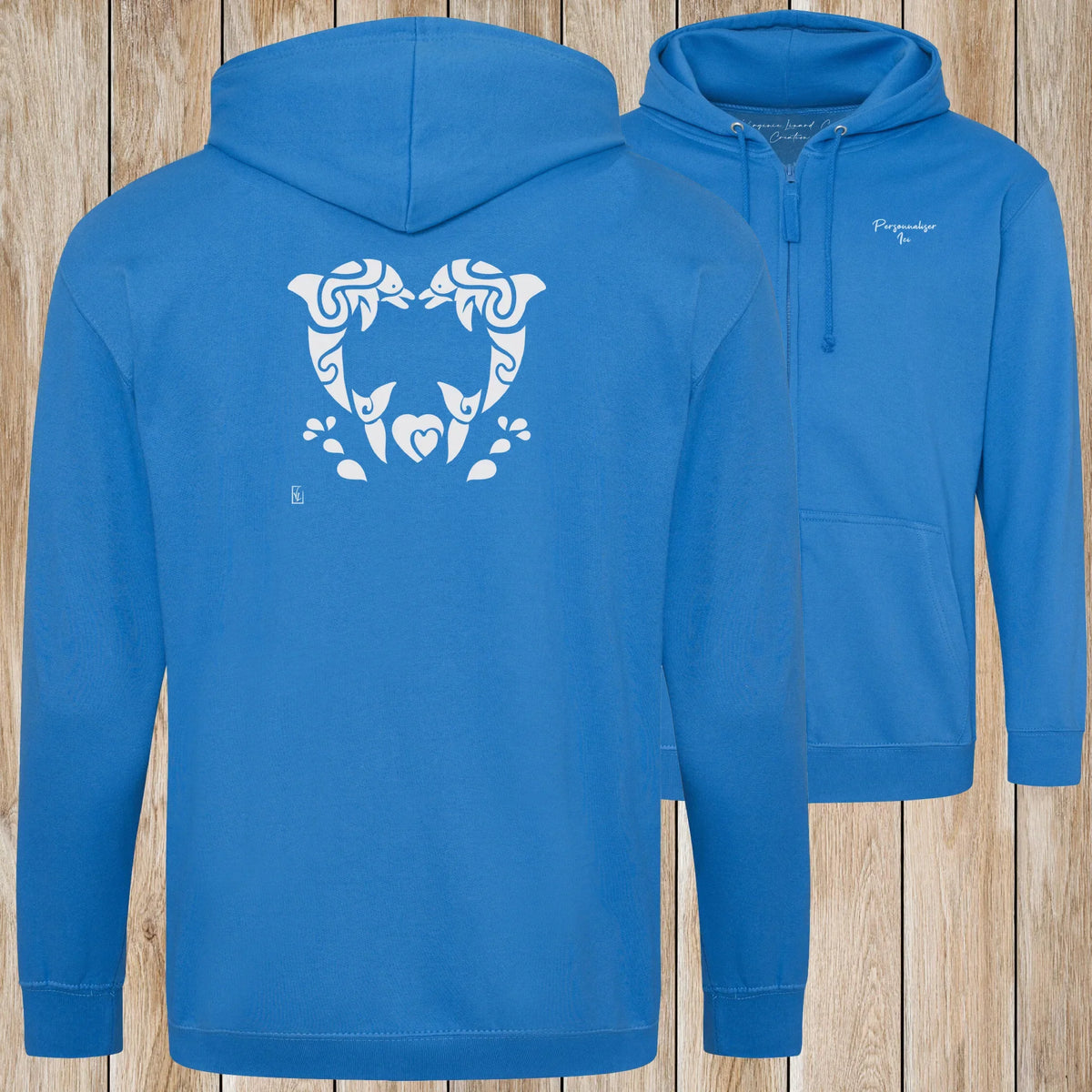 Graphisme Dauphin (Jumping tatoo coeur en couple) sur une Veste zip Unisexe 280g - Sapphire Blue - Idéal Cadeau à personnaliser - Virginie Linard ©