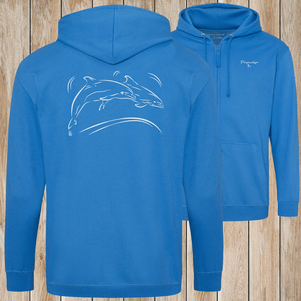 Graphisme Dauphin (Jumping en couple) sur une Veste zip Unisexe 280g - Sapphire Blue - Idéal Cadeau à personnaliser - Virginie Linard ©