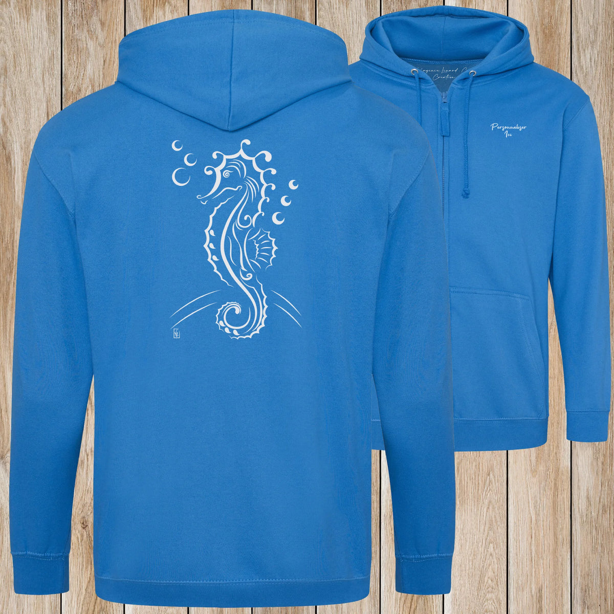 Graphisme hyppocampe (Les fonds marins) sur une Veste zip Unisexe 280g - Sapphire Blue - Idéal Cadeau à personnaliser - Virginie Linard ©