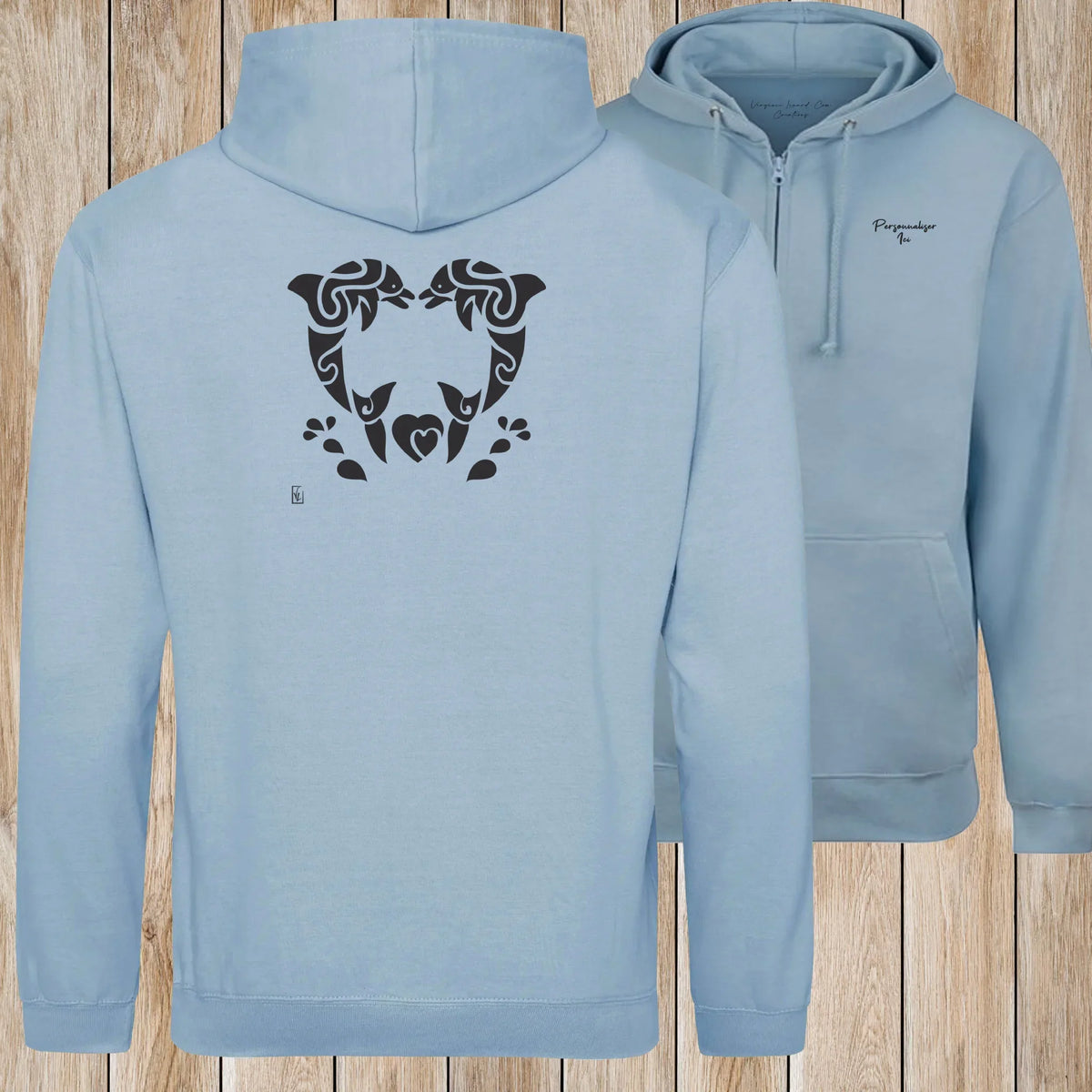 Graphisme Dauphin (Jumping tatoo coeur en couple) sur une Veste zip Unisexe 280g - Sky Blue - Idéal Cadeau à personnaliser - Virginie Linard ©