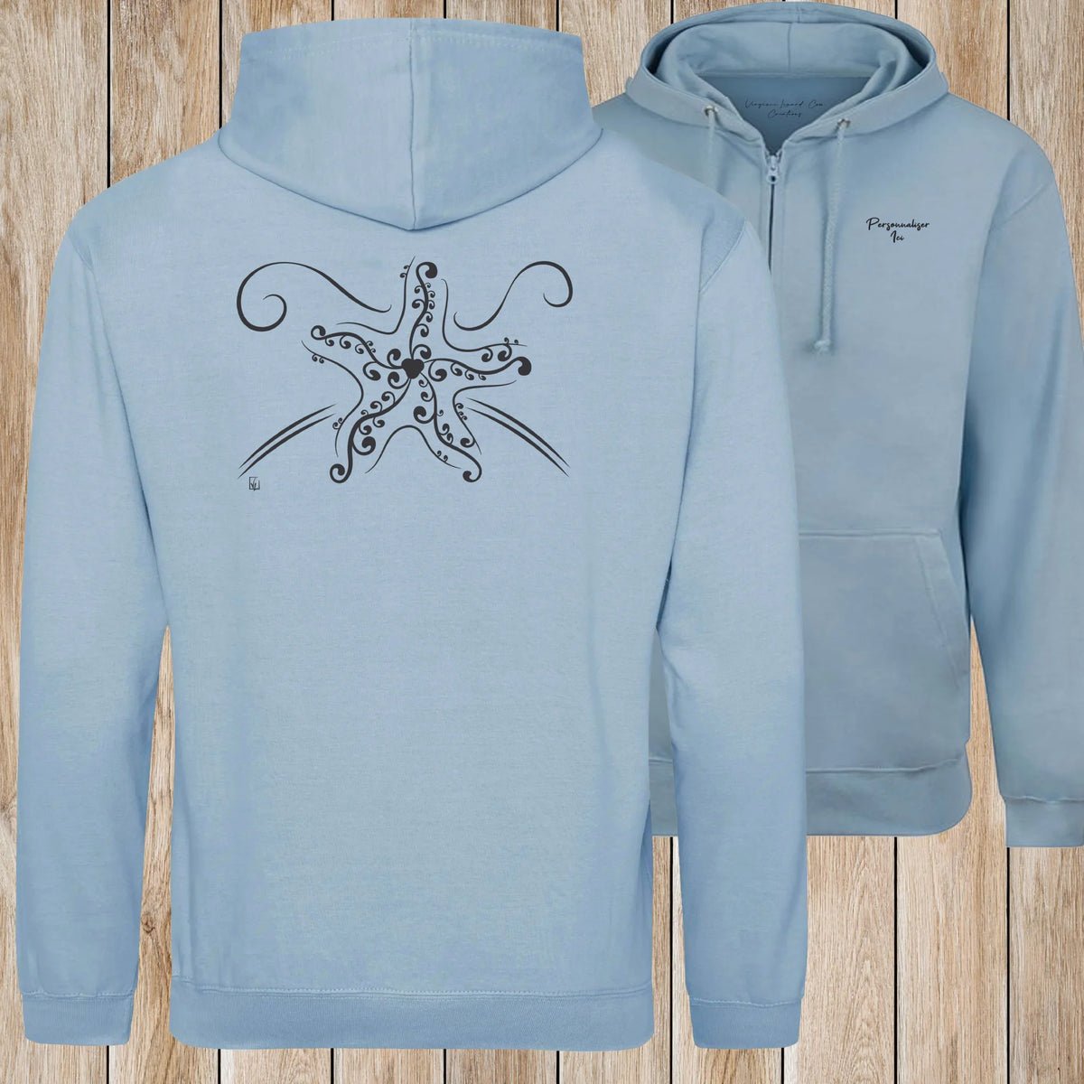 Graphisme Etoile de mer (Tatoo) sur une Veste zip Unisexe 280g - Sky Blue - Idéal Cadeau à personnaliser - Virginie Linard ©