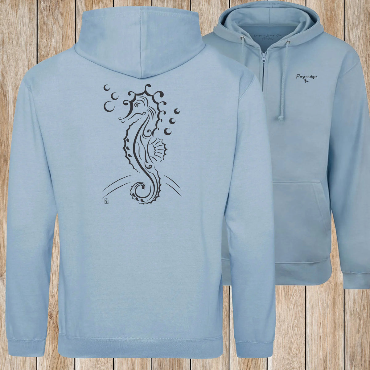 Graphisme hyppocampe (Les fonds marins) sur une Veste zip Unisexe 280g - Sky Blue - Idéal Cadeau à personnaliser - Virginie Linard ©