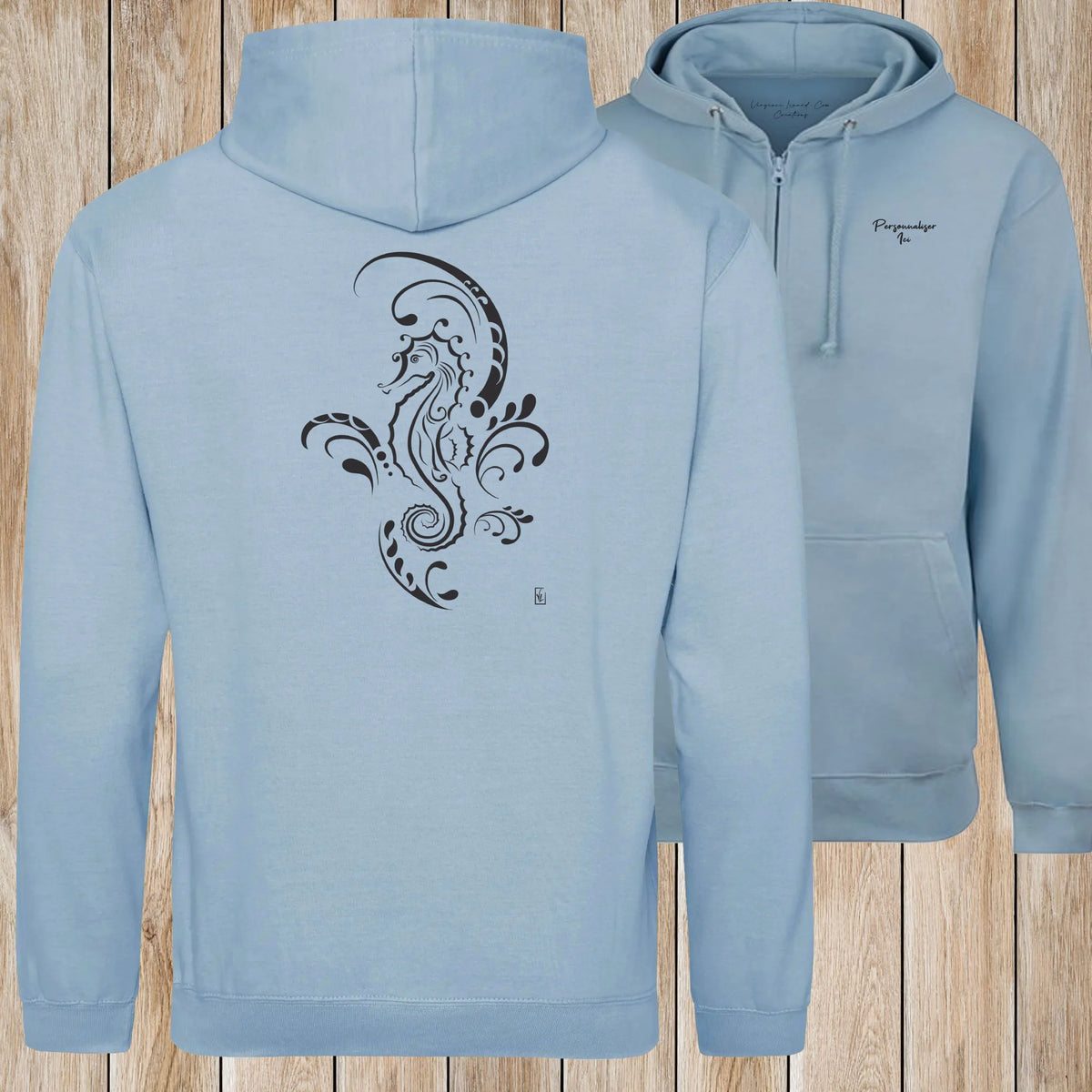 Graphisme hyppocampe (Tatoo) sur une Veste zip Unisexe 280g - Sky Blue - Idéal Cadeau à personnaliser - Virginie Linard ©