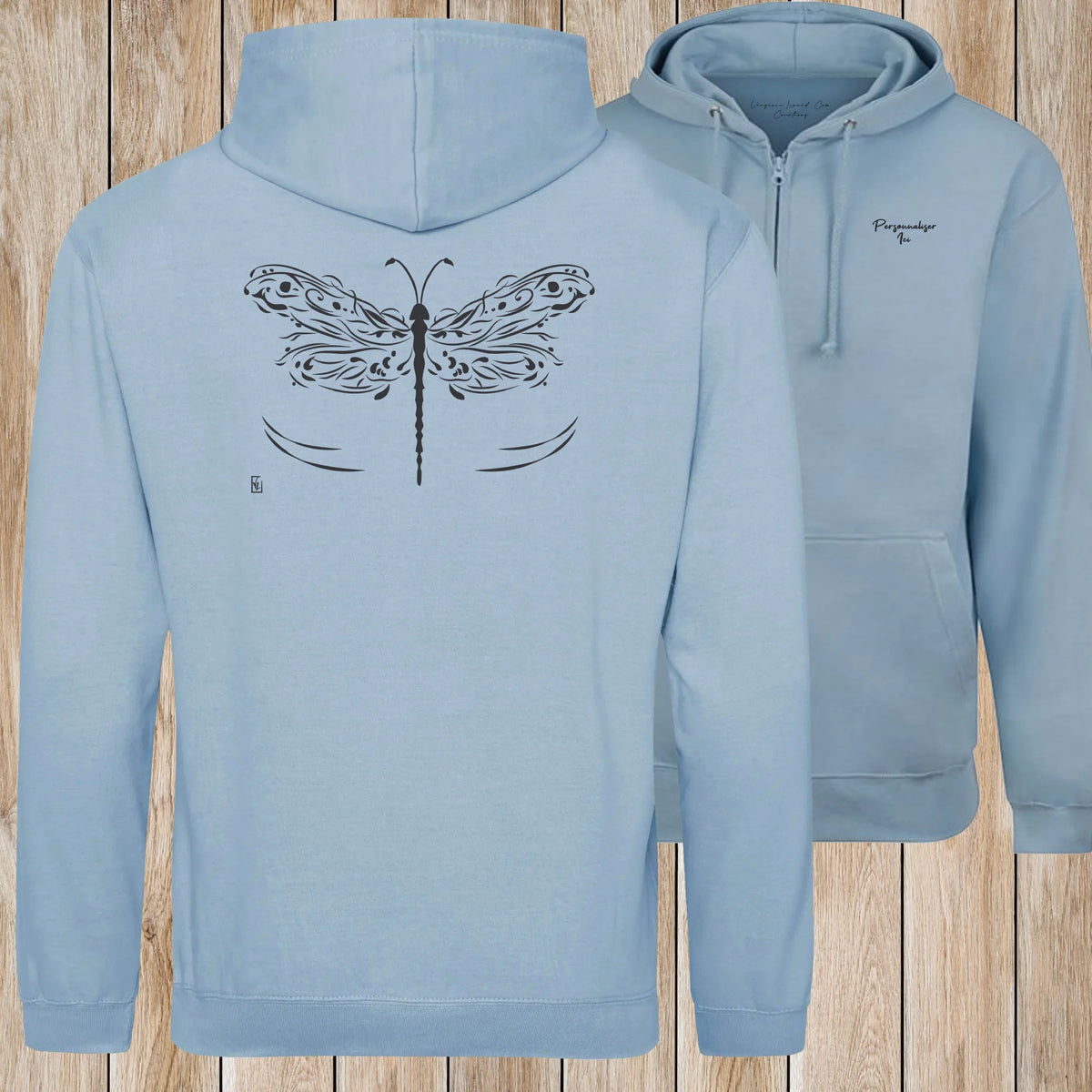 Graphisme Libellule (les ailes déployées) sur une Veste zip Unisexe 280g - Sky Blue - Idéal Cadeau à personnaliser - Virginie Linard ©
