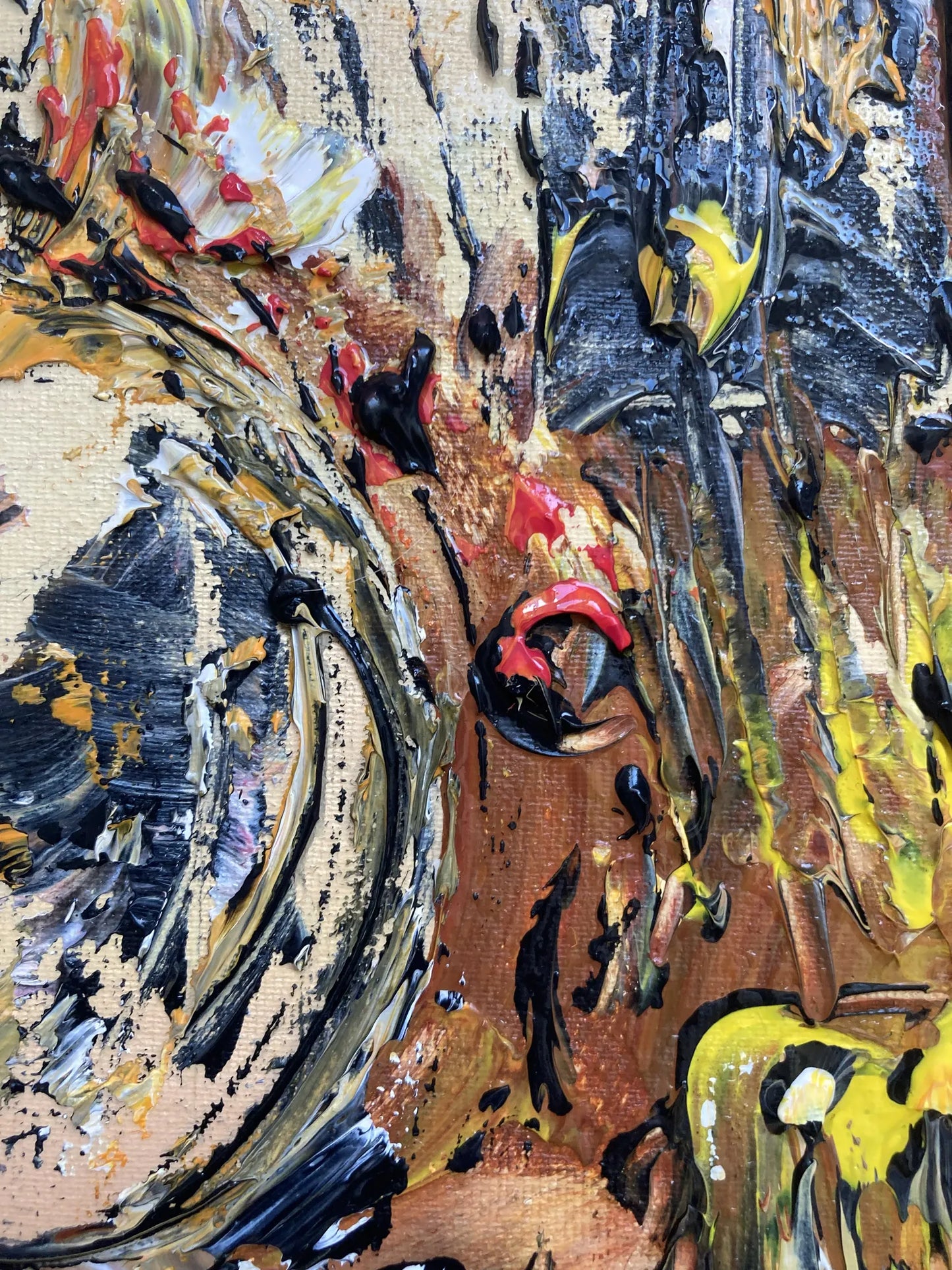 Artiste jouant de la contrebasse dans une ambiance jazz club, peinture originale. Détail 2.