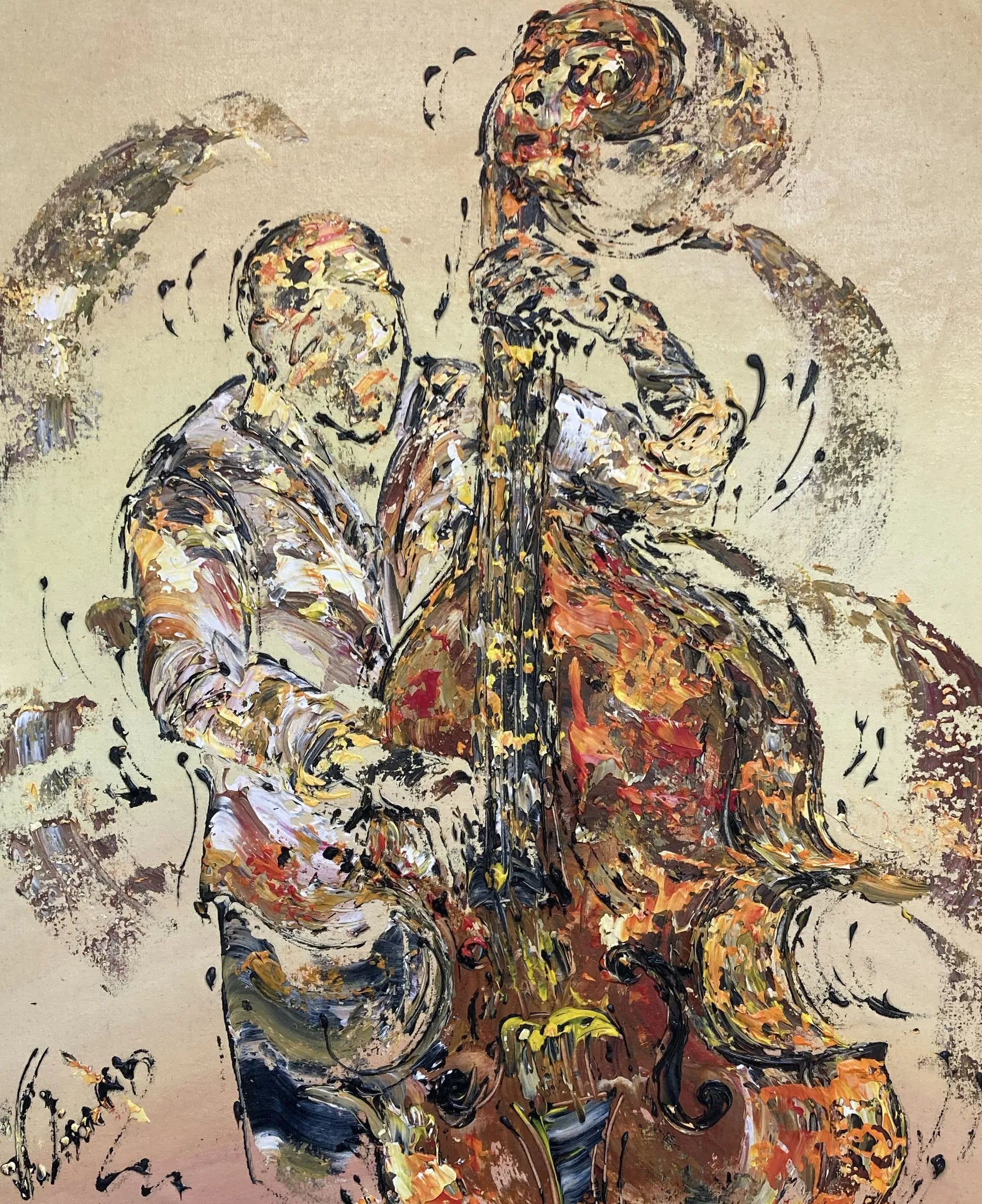 Scène de jazz à la contrebasse, art mural pour salon, peinture acrylique texturée sur toile.