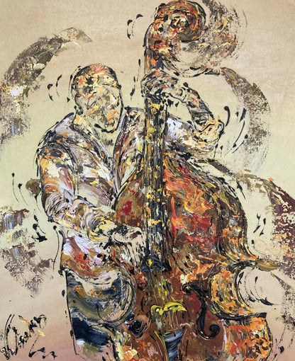 Scène de jazz à la contrebasse, art mural pour salon, peinture acrylique texturée sur toile.