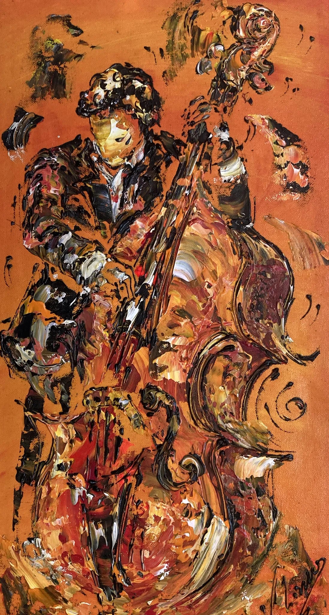 Scène de jazz à la contrebasse, art mural pour salon, peinture acrylique texturée sur toile.