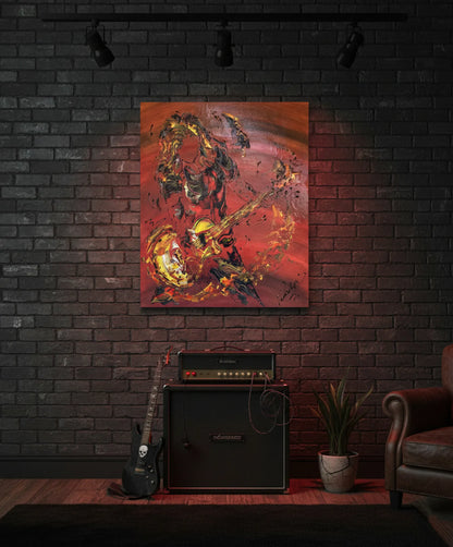 Peinture sur Toile d'un Musicien Guitariste Hard Rock cheveux au vent en plein solo guitare électrique - Virginie Linard©