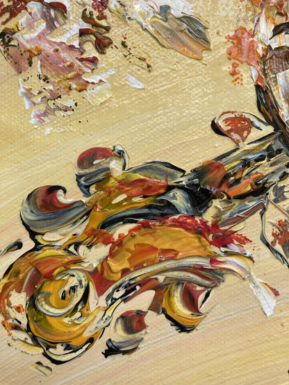 Tableau d'un musicien jouant du violon solo, style peinture classique et mélodique. Détail 1.
