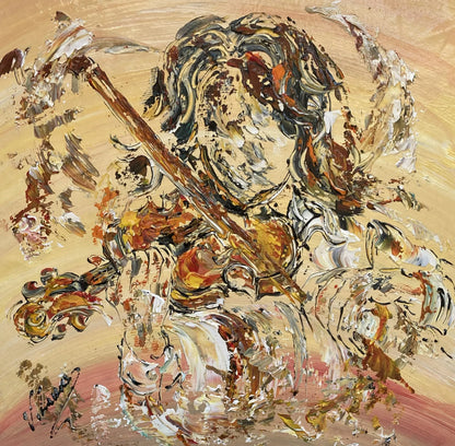 Tableau d'un musicien jouant du violon solo, style peinture classique et mélodique.