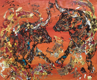 Deux taureaux de corrida sur fond orange avec une cape de matador colorée.