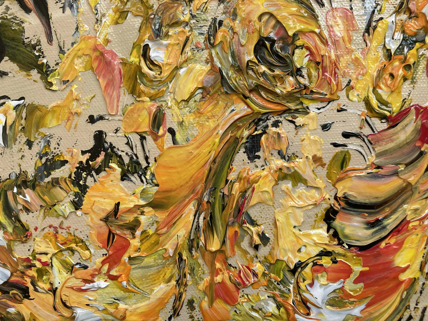 Trois musiciens jouant du saxophone, ambiance concert de jazz, peinture sur toile. Détail 1.