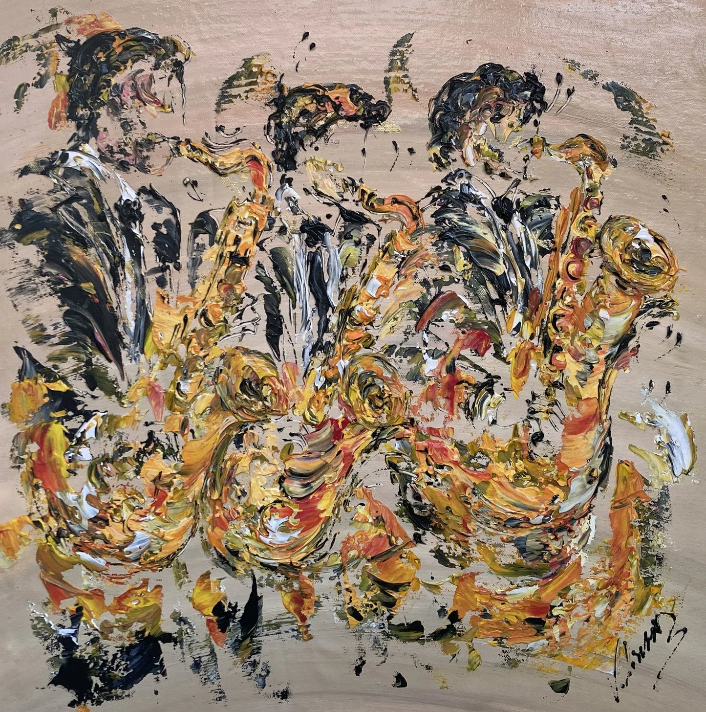 Scène de jazz à la contrebasse, art mural pour salon, peinture acrylique texturée sur toile.