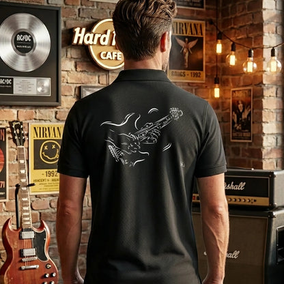 Polo Guitare électrique homme noir personnalisé (texte/prénom). Idée cadeau musicien, dessin "Basse" au dos.
