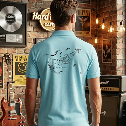 Polo Guitare électrique homme océan personnalisé (texte/prénom). Idée cadeau musicien, dessin "Basse" au dos.